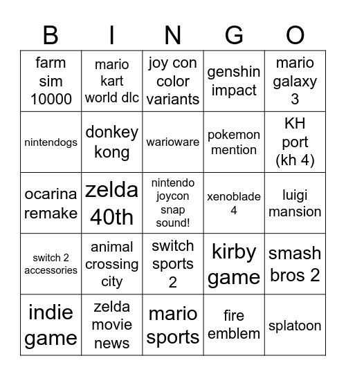 nintendo direct 6/9 Bingo Card