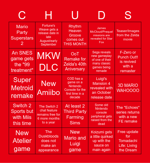 NINTENDO JULY DIRECT Bingo Card