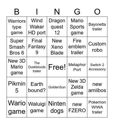 Nintendo Direct Bingo Card