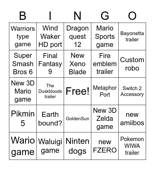 Nintendo Direct Bingo Card