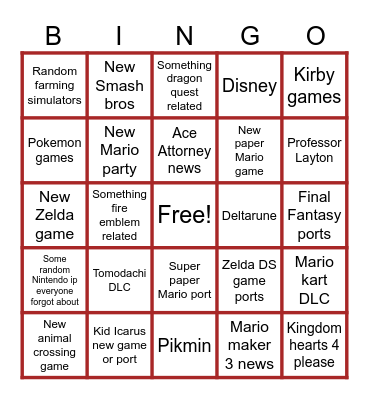 Nintendo direct Bingo Card