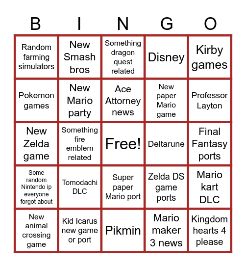 Nintendo direct Bingo Card