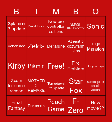 Nintendo Direct Bingo Card