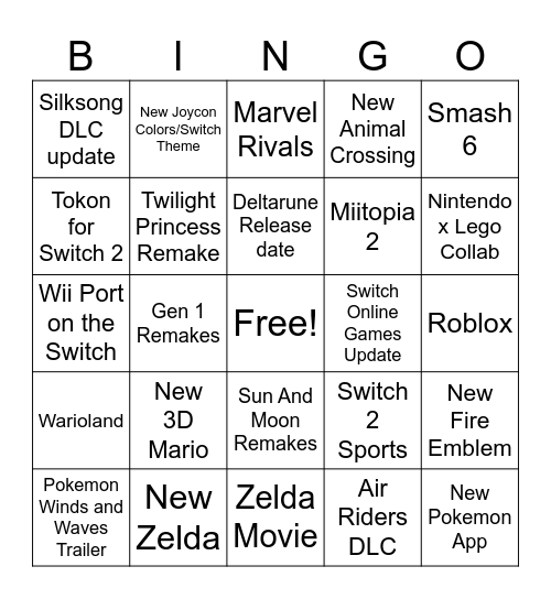 Nintendo Direct Bingo Card