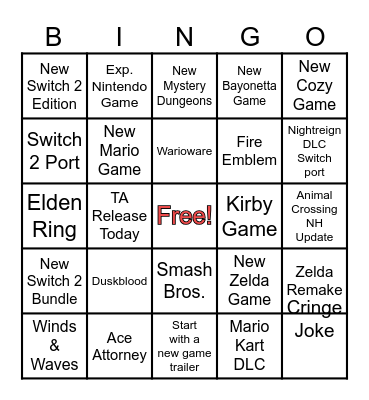 Nintendo Direct Bingo Card