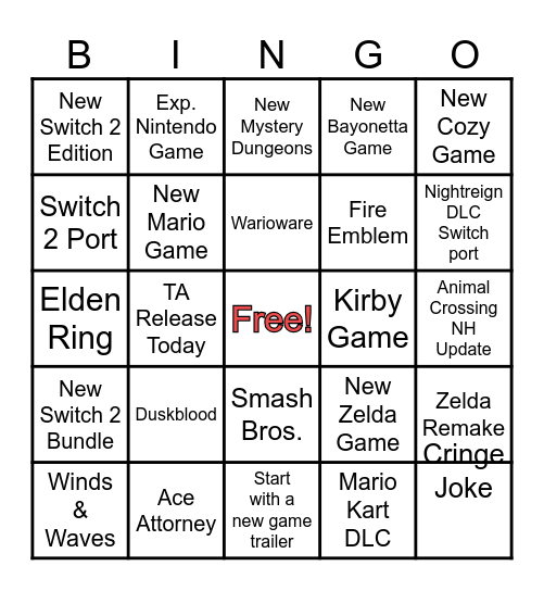 Nintendo Direct Bingo Card
