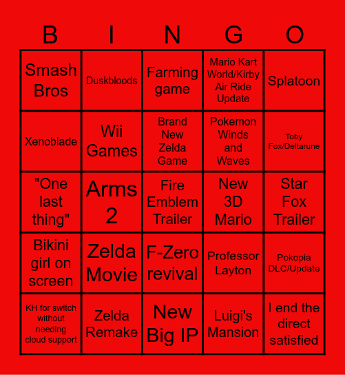Nintendo Direct Bingo Card