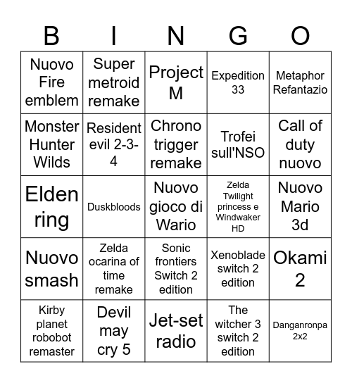 Nintendo direct Bingo Card