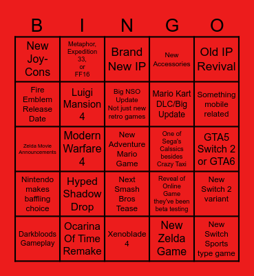 Nintendo Direct June 2026 Bingo Card