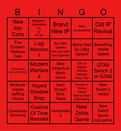 Nintendo Direct June 2026 Bingo Card