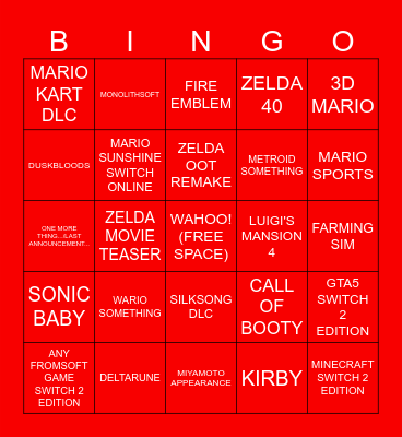 NINTENDO DIRECT Bingo Card