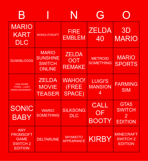 NINTENDO DIRECT Bingo Card