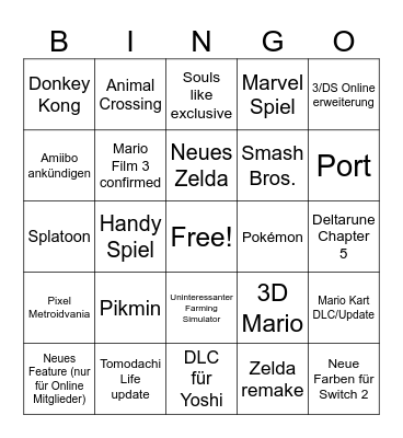 Nintendo Direct Bingo Card