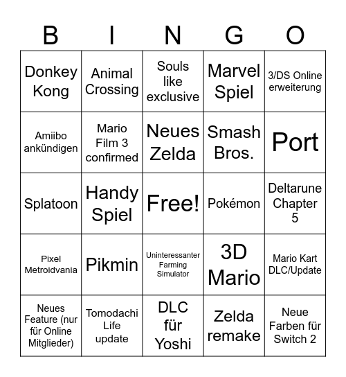 Nintendo Direct Bingo Card