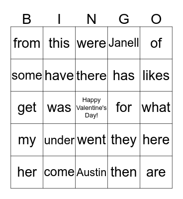 Happy Valentine's Day, Austin and Janell!! Bingo Card