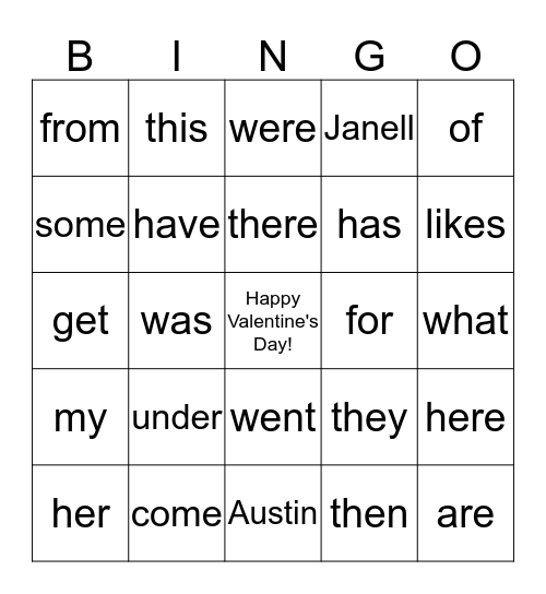 Happy Valentine's Day, Austin and Janell!! Bingo Card