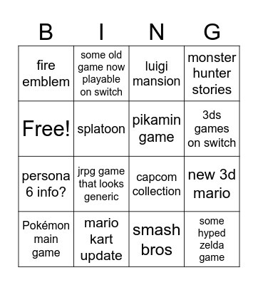 nintendo direct Bingo Card