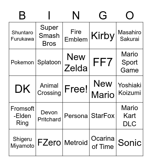 Nintendo bingo Card