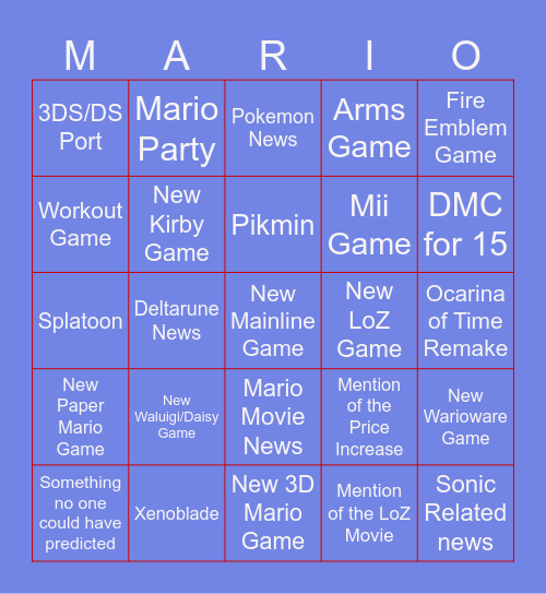 Nintendo Direct Predictions 6/9 Bingo Card