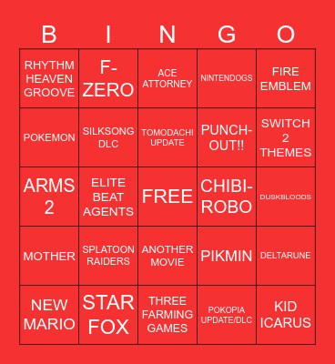 NINTENDO DIRECT JUNE 2026 Bingo Card