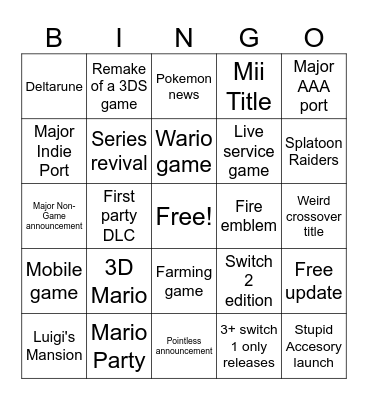 Nintendo direct Bingo Card