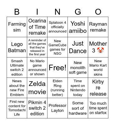Nintendo Direct 9/6/2026 Bingo Card