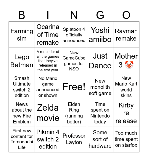 Nintendo Direct 9/6/2026 Bingo Card