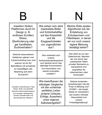 Welche negativen Auswirkungen können die sozialen Medien haben? Bingo Card