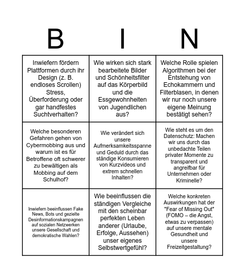 Welche negativen Auswirkungen können die sozialen Medien haben? Bingo Card