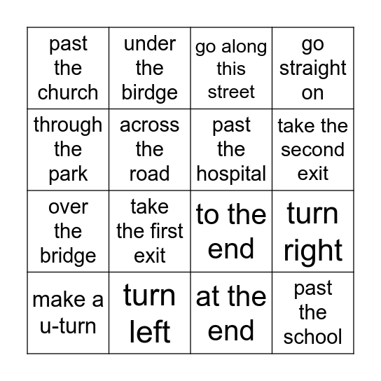 Directions Bingo Card