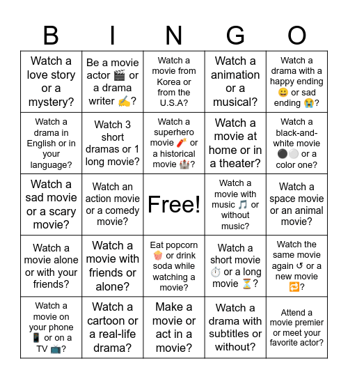 Movies Bingo Card