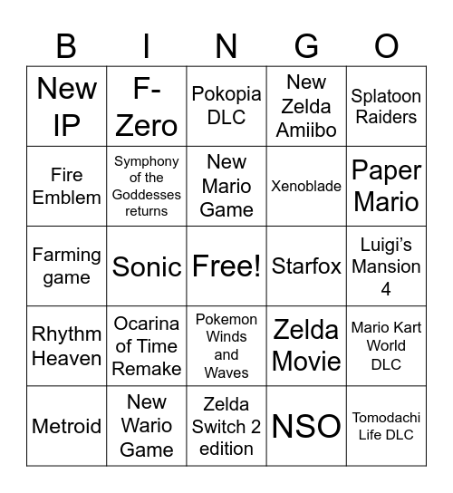 Nintendo Direct 6/9/2026 Bingo Card