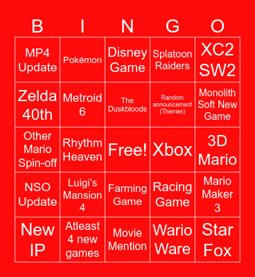 Nintendo Direct 9/6 2026 Bingo Card