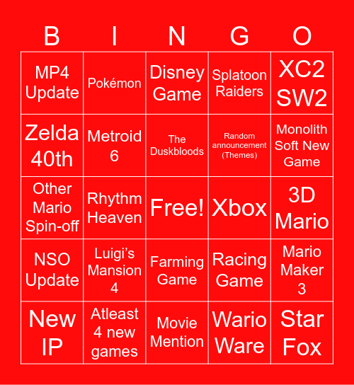 Nintendo Direct 9/6 2026 Bingo Card
