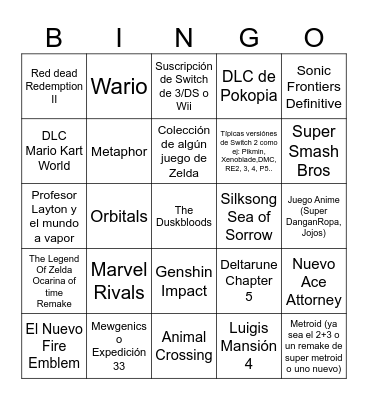 Nintendo Direct Bingo Card