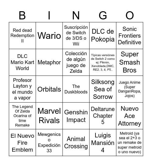 Nintendo Direct Bingo Card