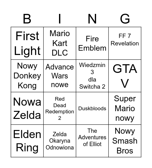 Nintendo Direct Bingo Card