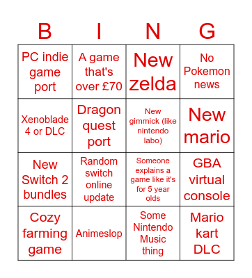 Nintendo direct Bingo Card