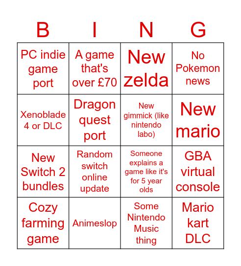 Nintendo direct Bingo Card