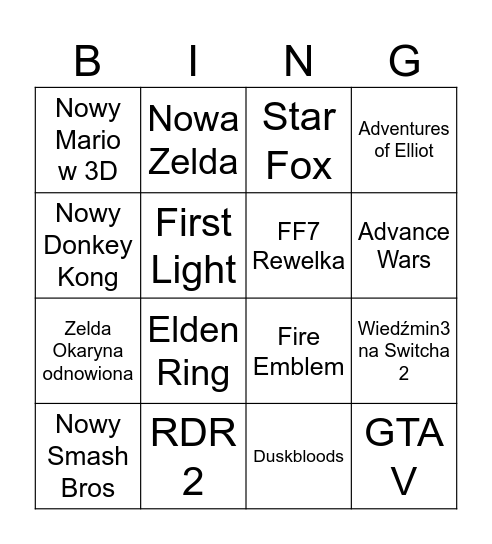 Nintendo Direct Bingo Card