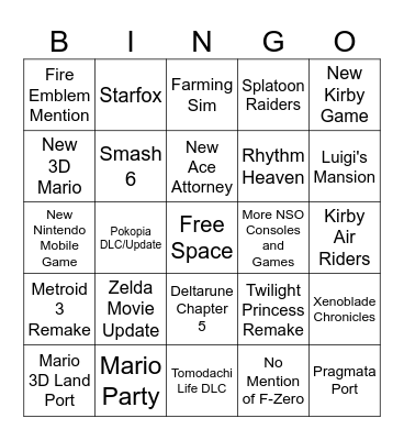 Nintendo Bingo Card
