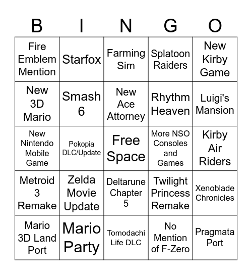 Nintendo Bingo Card