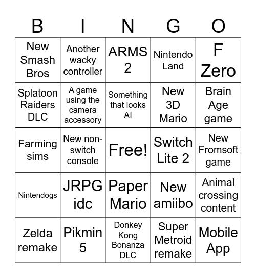 Nintendo Bingo Card