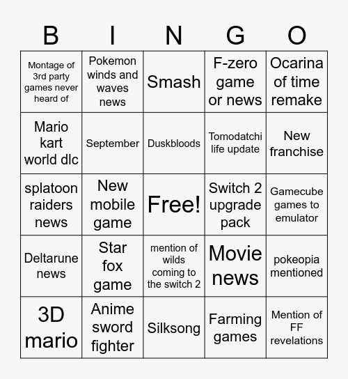 Nintendo direct Bingo Card