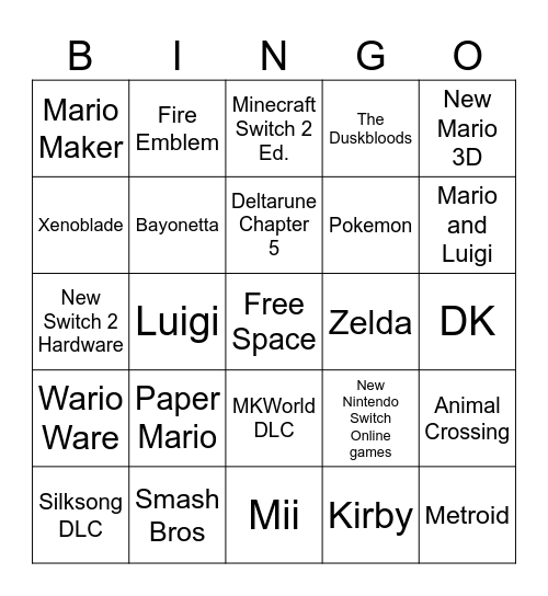 Nintendo Direct June 9th Bingo Card