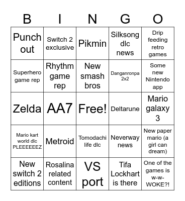 Nintendo direct Bingo Card
