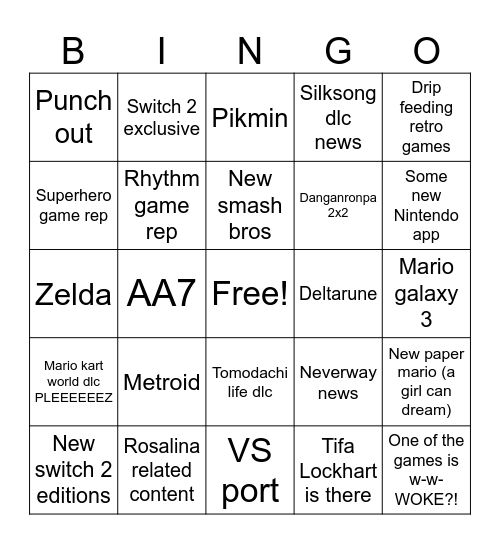 Nintendo direct Bingo Card
