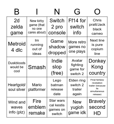 Nintendo Direct Bingo Card