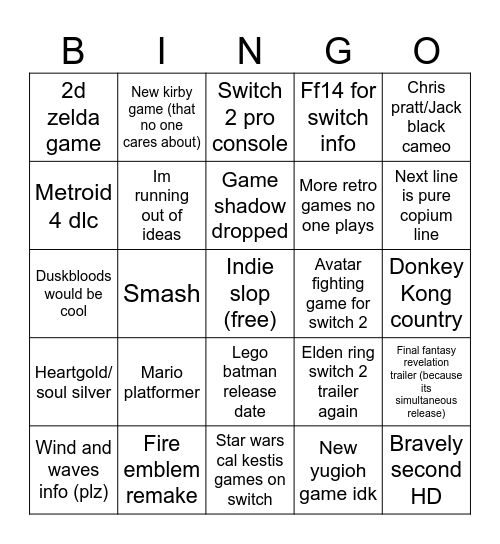 Nintendo Direct Bingo Card