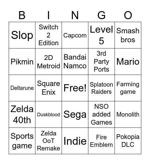 Nintendo Direct 09.06 Bingo Card